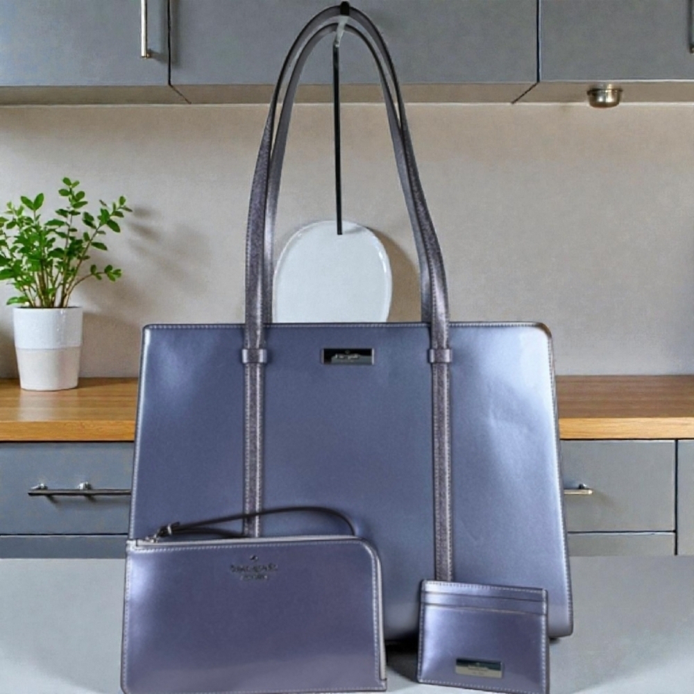 Kate Spade Kenzie 3pc‎ Sparkly Purple Metallic Bag Large Tote Set Shimmering